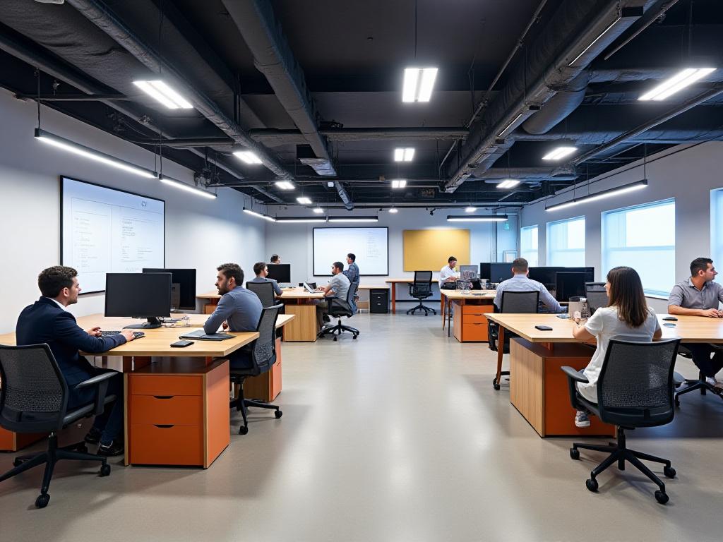 Modern collaborative office space with custom lighting