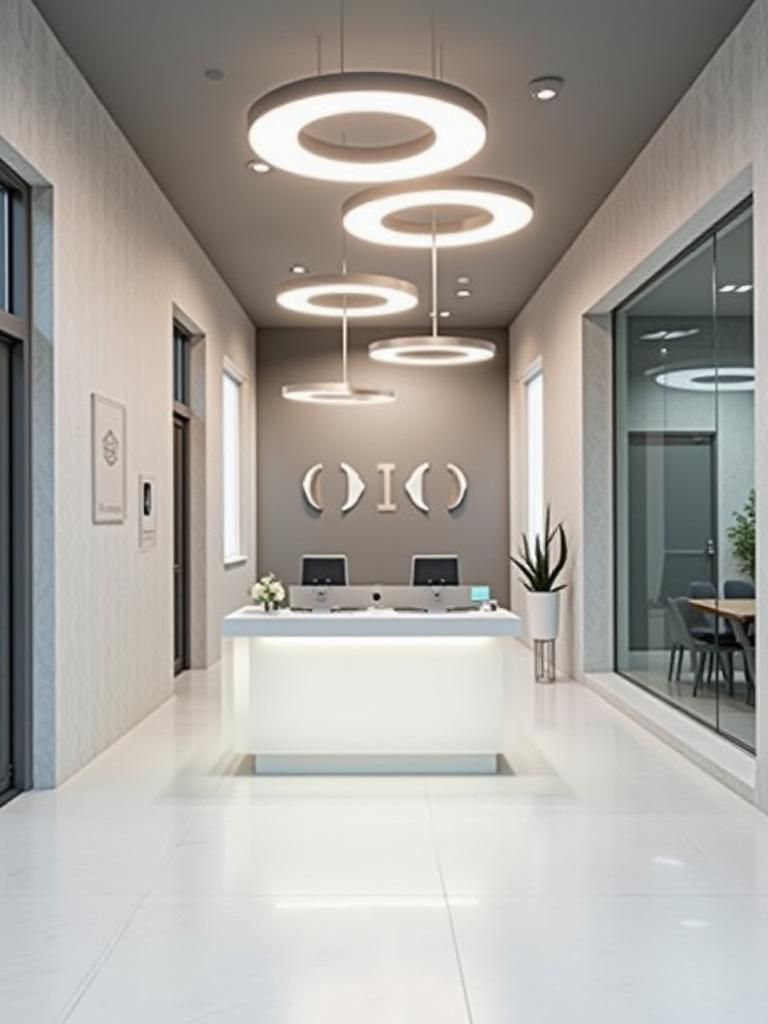 Modern office reception with custom lighting